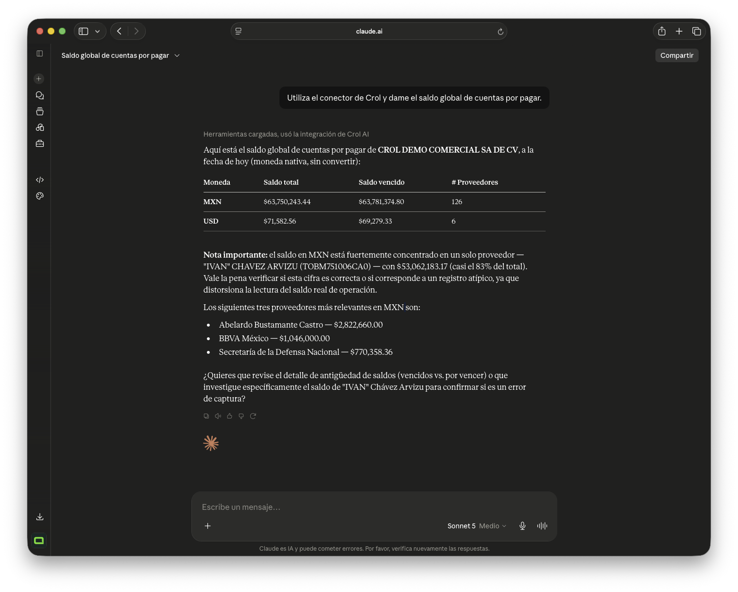 Consulta el saldo global de cuentas por pagar con el conector de Crol.