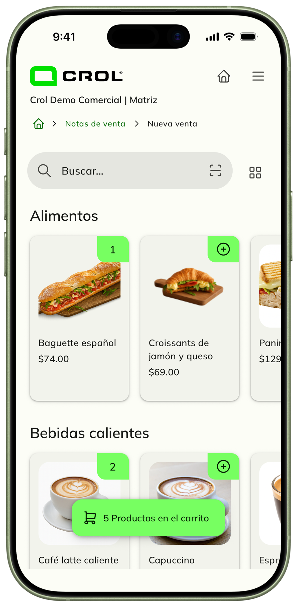 Crol ERP Móvil — nueva venta con catálogo de productos